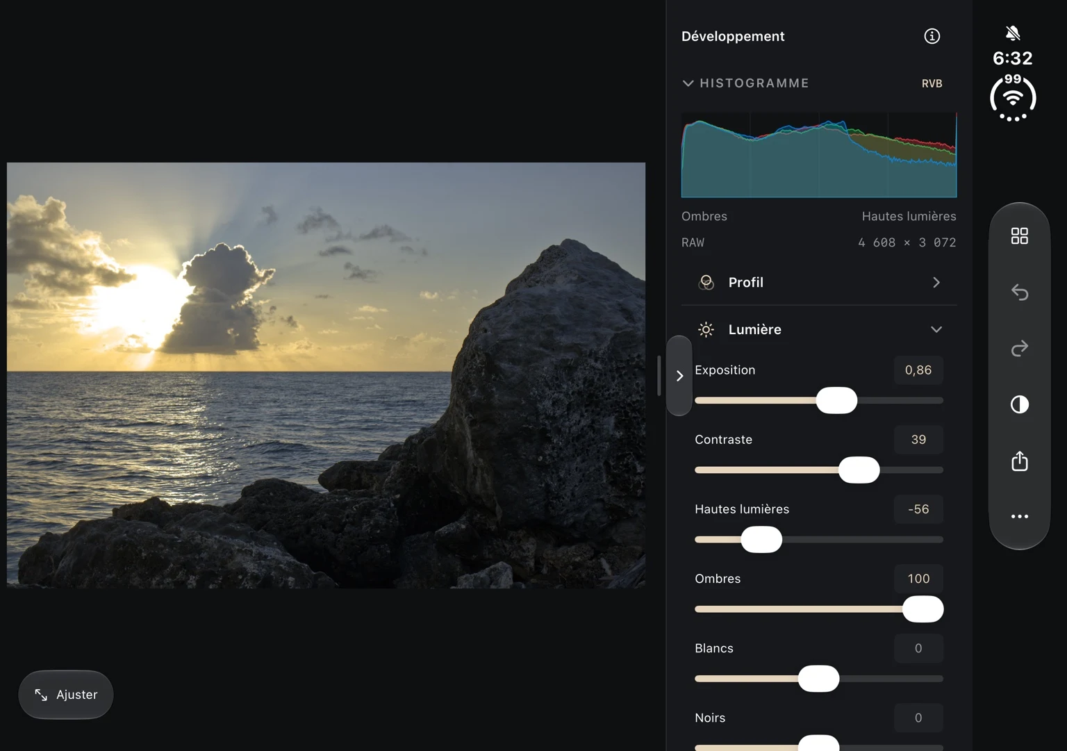 RGB histogram, exposure, contrast, highlights and shadows.