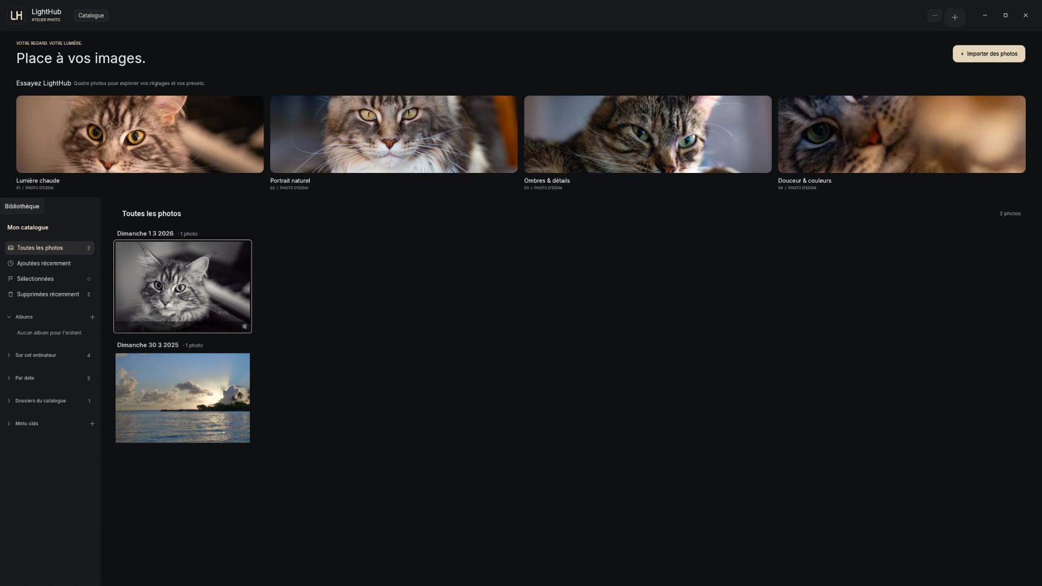 LightHub Windows home screen with four sample photos above the library
